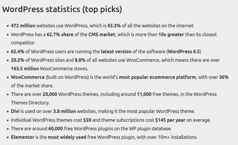 A list of statistics for WordPress