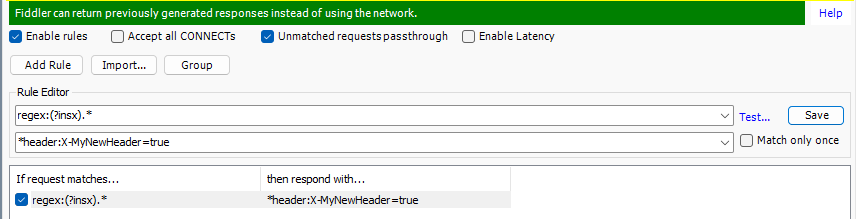 alt Fiddler Auto Responder tab with the example rule completed