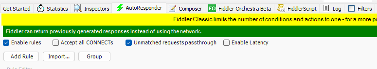 alt Fiddler Auto Responder tab with the Enable Rules and Unmatched Request Pass through options checked
