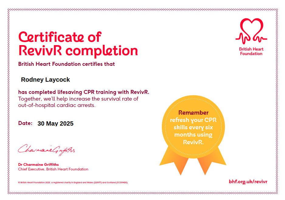 alt British Heart Foundation CPR certificate
